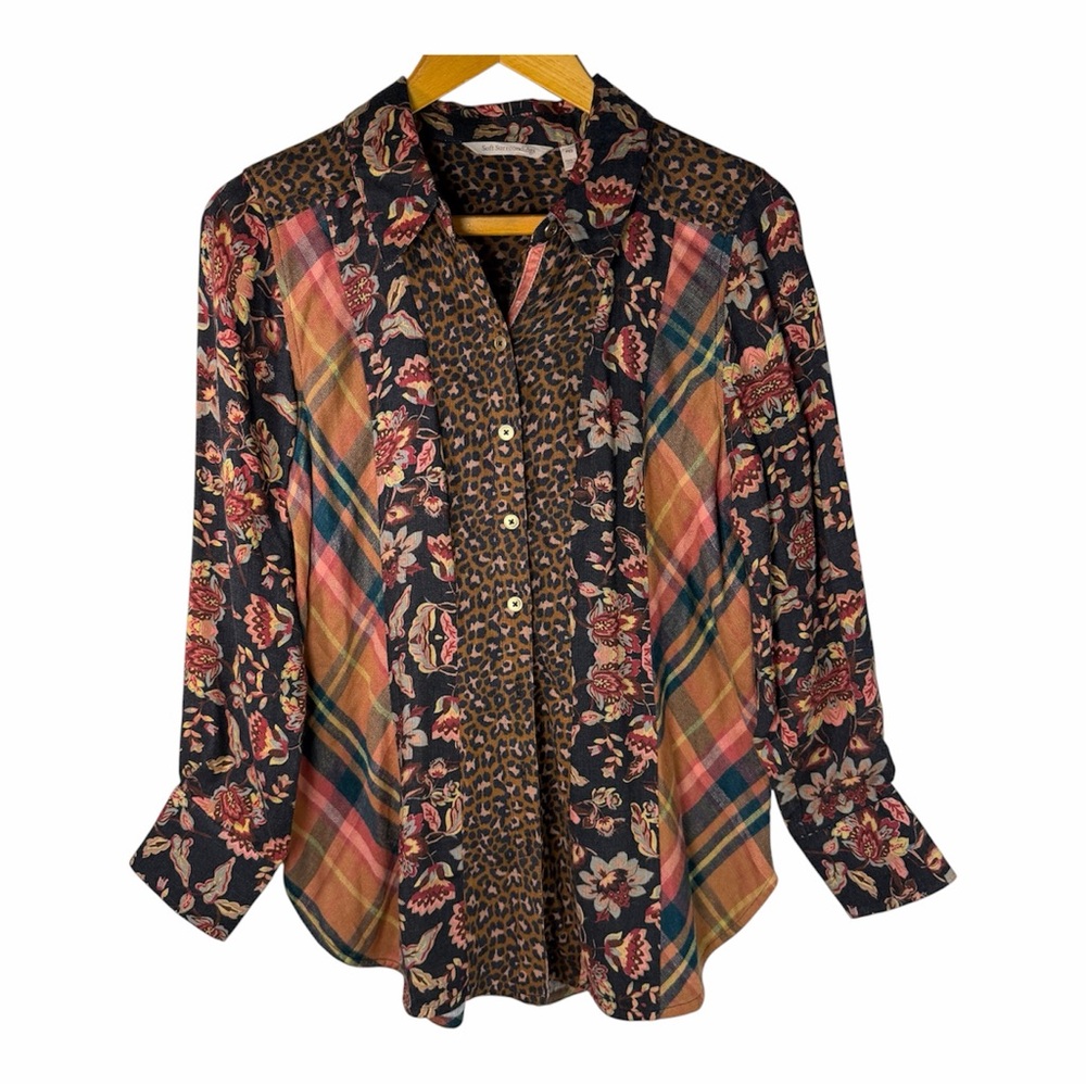 Patchwork Blouse Soft Surroundings Leopard Floral Plaid Button Up Petite XS Fall